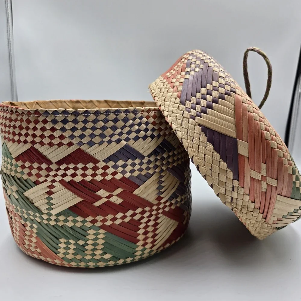 Vtg Handwoven Bright Multi Color Pitcairn Island Basket‎ W/ Lid Round 7x8 Inch